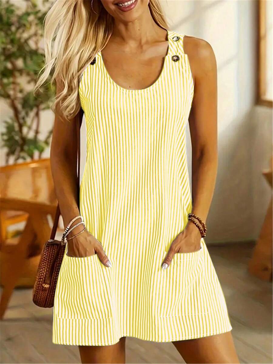 Polyester Digital Print Striped Round Neck Casual Sleeveless Pocket Dress - Yellow - View 1