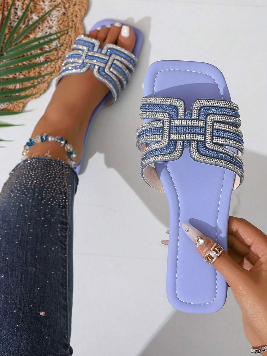 女士闪亮水钻装饰奢华平底一脚蹬凉鞋，春夏时尚休闲系带户外拖鞋，舒适平跟圆头沙滩鞋 - 藍色 - 查看 1
