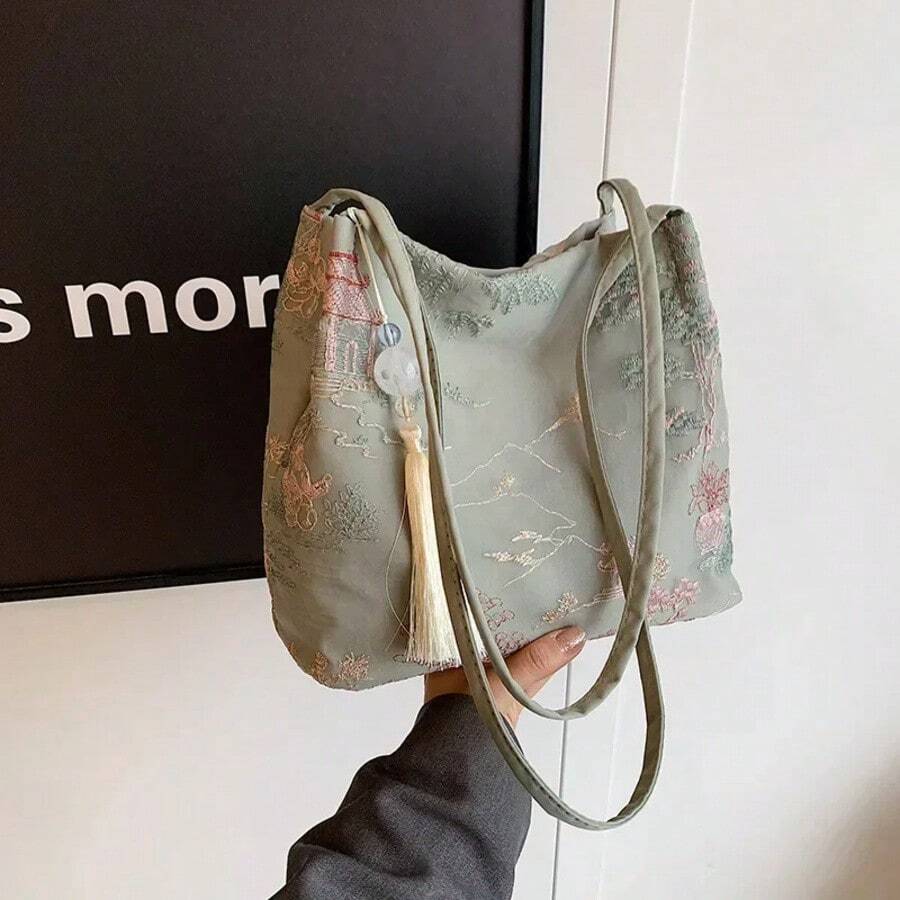 New Chinese Style Retro Bag 2 New Models Silk Jacquard Fashionable Minimalist Bag Single Shoulder Diagonal Cross Women's Bag - màu xanh lá - Xem 1