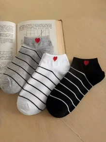 3 Pairs Assorted New Design Casual Heart & Stripe Print Women Short Socks, Cute Outdoor Socks