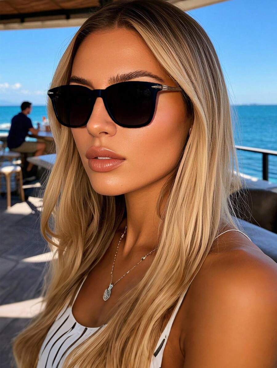 Vintage Square Metal Sunglasses, Classic Unisex Outdoor Sports Riding Glasses, Travel Beach Holiday Driving Fishing Sunscreen UV Protection Glasses, Summer Fashionable Shade Elegant Outfit Family Outings Travel Vacation Holiday For Summer Beach Vacation,Outdoor,Travel - màu đen - Xem 1