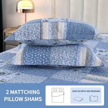 Queen Size Blue Patchwork Quilt Set, Quilted Coverlet, Reversible, Lightweight, With 2 Pillow Shams, For All Seasons - 藍色花格子 - 查看 3
