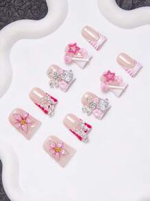 10 Pieces Set - Y2K Handmade Duckbill Nail Patch, Pink Nails, White, Nude Color, With French Patch, 3D Water Droplet, 3D Lace, Hard Seal Layer, Spray Gun, Powder Coating, Blending, Carving, Golden Steel Ball, Pendant Pentagram, Pink Flower, Swan, White Cat Head, Pink Lollipop, Suitable For Mother's Day, Gatherings, Daily Wear. Including Nail Tools. The Color Of Nail Accessories Is Random