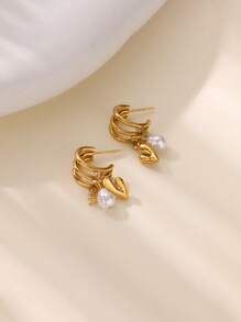 1Pair Dainty Three Layer Heart & Pearl & Zirconia Hoop Earrings For Women, Light Luxury Three-Layer Hanging Stud Earrings, Faux Pearl Cubic Zirconia Stainless Steel Stud Earrings, Ladies Jewelry Fashion Accessories, Valentine's Day Gifts, Anniversary Gifts