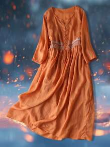 Women Summer Dress Casual Vintage Embroidery 3/4 Sleeves Midi Dress For Cocktail Vacation Club Streetwear - 橘色 - 查看 2