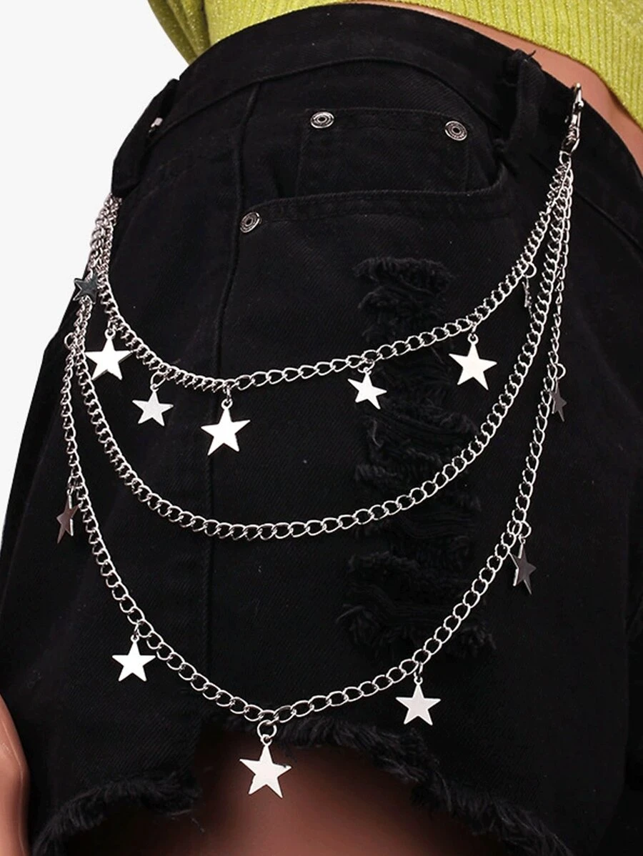 1pc Three Metallic Chains With Star Shaped Pendant, Hollow Out Decorated Pants Chain Street Punk Star Charm, Pants Chain Charm Layered Pants Chain Street - Multicolor - View 1