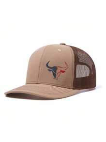 1pc Men Adjustable Breathable Baseball Hat With Patchwork Bull Print, Suitable For Outdoor Sports, Cycling, Fishing, Sun Protection