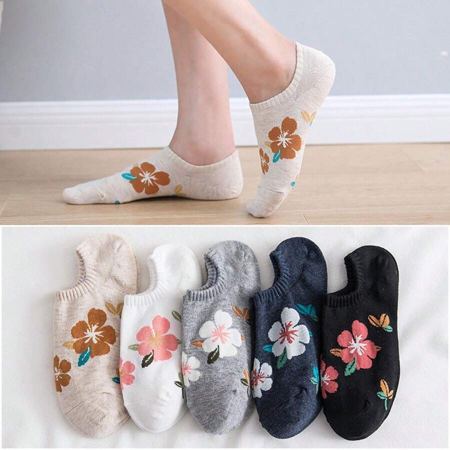 5 Pairs Women's New Arrival Floral Flat Socks, Ins Style Low Vamp Design With Cartoon Pattern, Boat Socks, No Show Socks Style, Spring/Summer - Multicolor - View 1