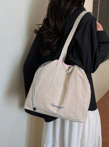 Bolso de cubo de estilo casual de lona con cordón, bolso tote de gran capacidad para mujeres, bolso de compras versátil, adecuado para estudiantes universitarios, diseño nuevo 2025