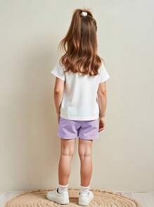 Set di maglietta a maniche corte e pantaloncini con stampa di farfalle e fiori "Happy" per ragazze di 4-8 anni, outfit casual estivo per il tempo libero - Viola malva - Visualizzare 2