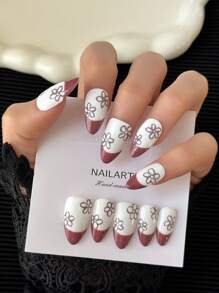 杏仁形指甲法式手工按压式指甲 | 带猫眼水钻的多色指甲片、手绘花卉和艺术设计 | 光泽全覆盖 DIY 假指甲套装（10 件/包）