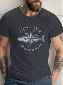 Camiseta de cuello redondo para hombre con patrón geométrico de brújula y pez, minimalista y de moda, adecuada para el verano