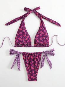 LUCKY HOLIDAY Bộ bikini buộc dây cổ yếm in họa tiết cổ điển, đồ bơi gợi cảm và thời trang dành cho nữ, thích hợp cho kỳ nghỉ hè trên bãi biển. - Màu tím - Xem 3