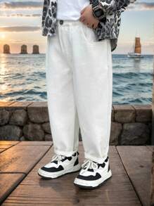 男童春季时尚后口袋卡通刺绣弹力牛仔裤 - 白色 - 查看 6