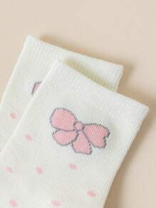 5 Pairs Girls' Cute Bow Polka Dot Mid-Calf Socks, Suitable For School Outfits