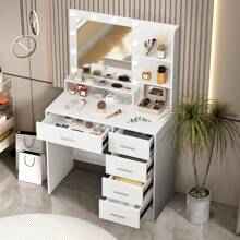 Bedroom Vanity Set Led Lighted Mirror Makeup Dressing Table Dresser 5 Drawer - White - View 2