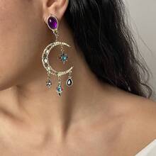 1 Pair Luxury Vintage Asymmetric Crystal Star & Moon Pendant Earrings, Suitable For Women To Wear On Holidays, Parties, Banquets