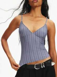 Women Crop Camisole Tops Slim Leopard/Dot/Contrast/Plaid V Neck Spaghetti Strap Tops Summer Streetwear - 藍色 - 查看 1