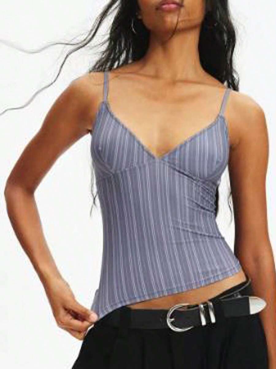 Women Crop Camisole Tops Slim Leopard/Dot/Contrast/Plaid V Neck Spaghetti Strap Tops Summer Streetwear - 藍色 - 查看 1