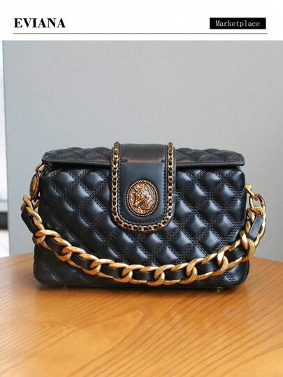 Nuevo diseño de nicho 2025 Bolso de caja de unicolor romboidal, bolso de mano con cadena gruesa, bolso cuadrado pequeño con costura bordada, elegante bolso de axila, versátil bolso cruzado de viaje, bolso de mujer de alta gama