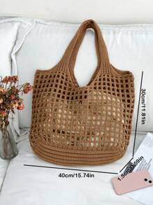 Fashionable Hollow Out Knitted Women's Bag, Casual Crochet Tote Bag, Mother's Day Gift For Mom, Suitable For Graduation, College Students, Outdoor, Travel And Back To School, Large Capacity, Foldable