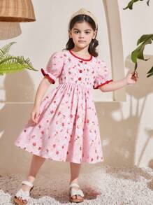 年轻女孩休闲时尚花朵印花泡泡袖圆领连衣裙