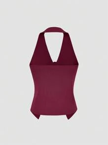 FOR BEAUTY 春夏新款纯色吊带露背针织背心，女士性感休闲优雅音乐节假日轻薄套头毛衣，适合海滩、海边、游泳 - 楓葉紅 - 查看 5