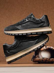 Zapatillas deportivas cómodas y transpirables de piel perforada de corte bajo para hombres, con suela gruesa antideslizante y casual tipo chunky, para uso atlético