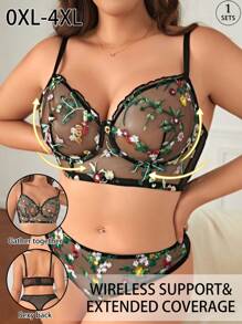 Bộ đồ lót nữ cỡ lớn, thiết kế họa tiết hoa thêu, bộ đồ lót cỡ lớn có gọng - màu đen - Xem 3