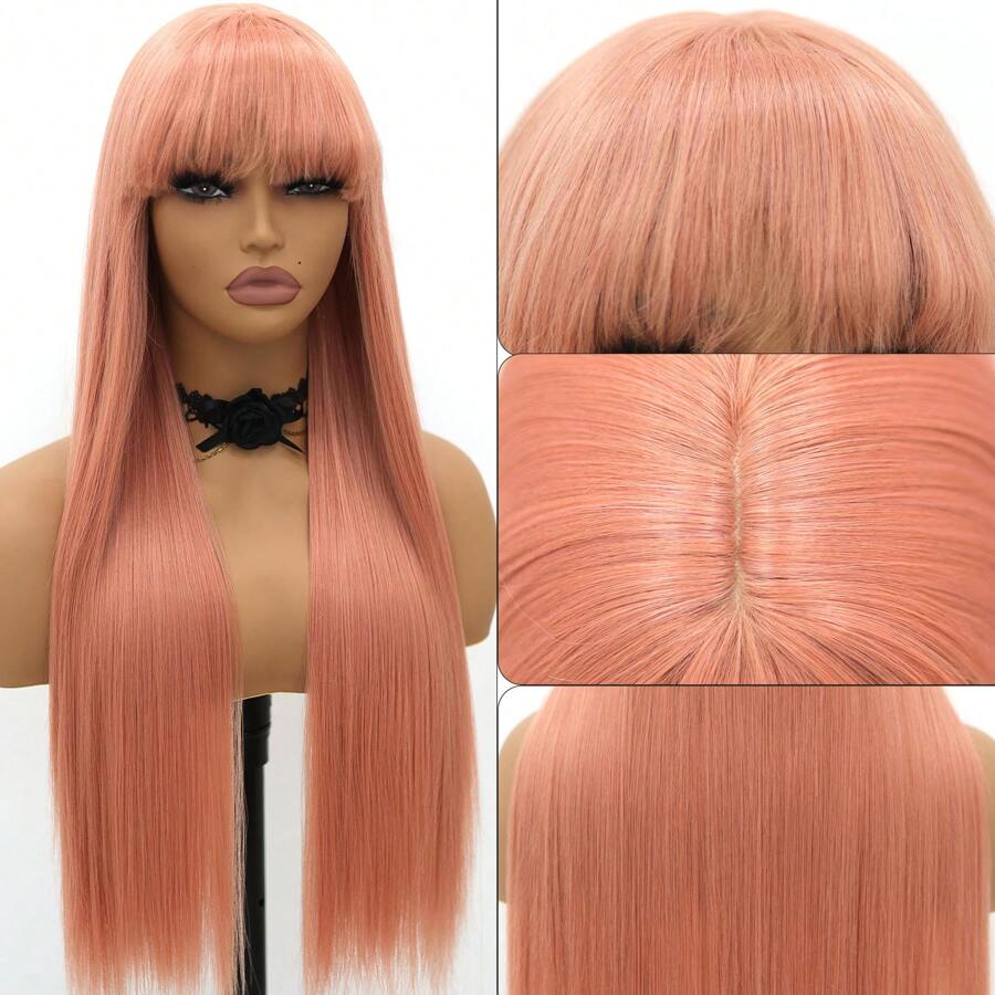 200% Density 26 Inch Light Pink Bangs Straight Wigs Pink Silky Straight Heat Resistant Hair Wig For Women Orange Pink Straight Synthetic Fiber Glueless Colored Hair Wig For Daily Party Cosplay Halloween 26 Inches - 粉色 - 查看 1