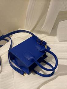 时尚纯色休闲学院风优雅女士手提包单肩包 - 藍色 - 查看 3