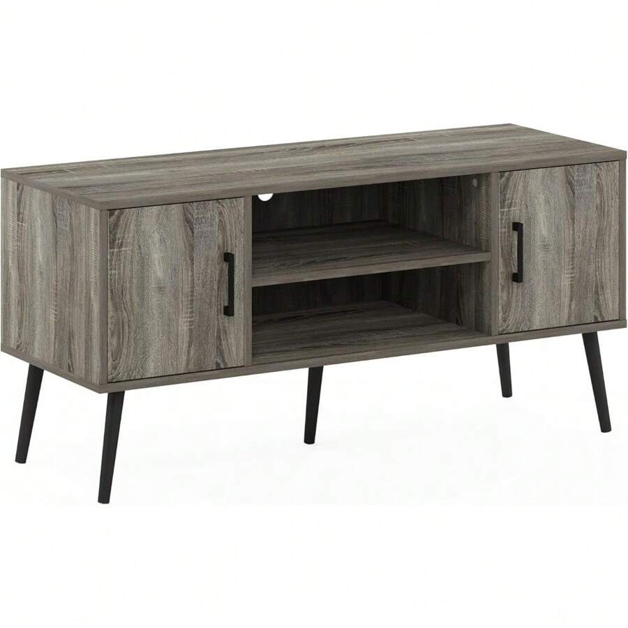 Meuble TV de style milieu de siècle avec pieds en bois pour téléviseurs jusqu'à 50 pouces, deux armoires, conception technique, deux armoires