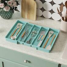 Organizador de utensilios de cocina Lifewit para cajones, bandeja expandible para utensilios de cocción, soporte ajustable para cubiertos y cubertería, divisor de almacenamiento de herramientas y utensilios de cocina de plástico, tamaño grande, color negro - turquesa - Ver 2