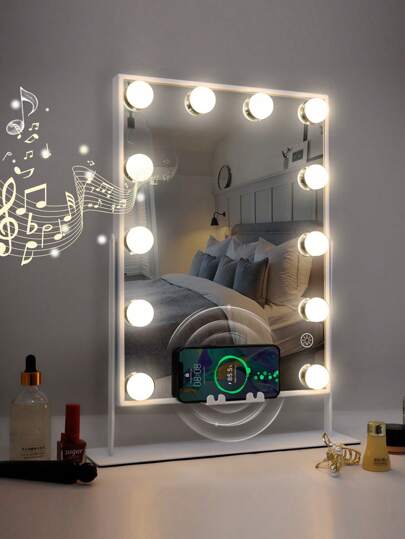  FENCHILIN Specchio per il trucco con luce Funzione di ricarica induttiva Specchio Holly wood con altoparlante Bluetooth Specchio per il trucco con luce 12 lampade LED Stazione di ricarica Bianco 30 x 41 cm