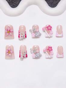 10 Pieces Set - Y2K Handmade Duckbill Nail Patch, Pink Nails, White, Nude Color, With French Patch, 3D Water Droplet, 3D Lace, Hard Seal Layer, Spray Gun, Powder Coating, Blending, Carving, Golden Steel Ball, Pendant Pentagram, Pink Flower, Swan, White Cat Head, Pink Lollipop, Suitable For Mother's Day, Gatherings, Daily Wear. Including Nail Tools. The Color Of Nail Accessories Is Random