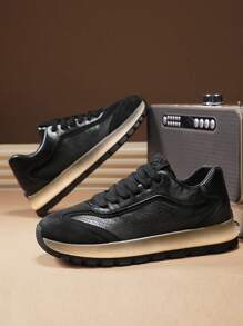 Zapatillas deportivas cómodas y transpirables de piel perforada de corte bajo para hombres, con suela gruesa antideslizante y casual tipo chunky, para uso atlético
