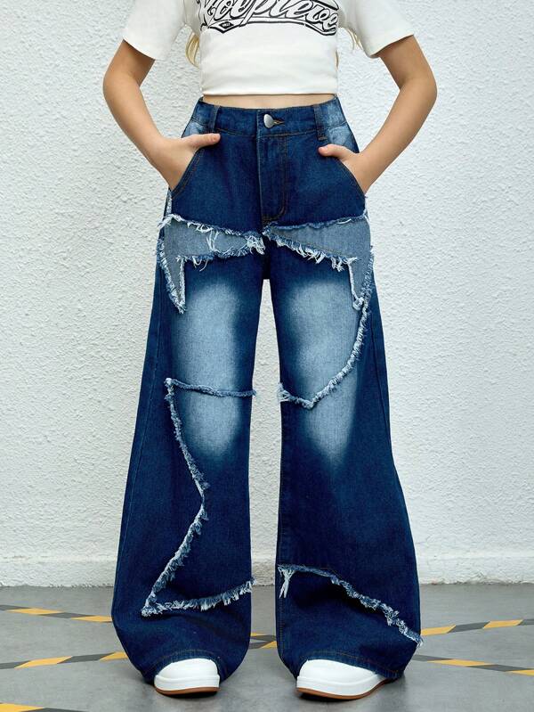 Jeans rectos de cintura alta de moda casual con bordados, versátiles y adecuados para salidas casuales para niñas