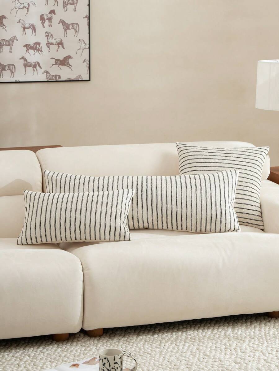 1 件，100% 涤纶农舍枕套，现代风格抱枕套，米色和黑色条纹靠垫套，沙发椅家居装饰客厅装饰四季装饰 - 米色 - 查看 1