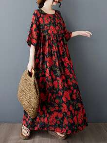 AZAH 2026新款A字印花长裙，加大码，蝙蝠袖，宽松梭织面料，V领带口袋，度假优雅之选 - 紅色 - 查看 3