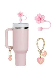 兼容 杯配件 1 件黑粉色吸管盖，用于杯吸管盖，1 件可爱心形字母和圆形字母饰物，适用于 30&40 盎司带手柄玻璃杯，字母饰物配件的长度为 3.94 英寸。个性化字母配件