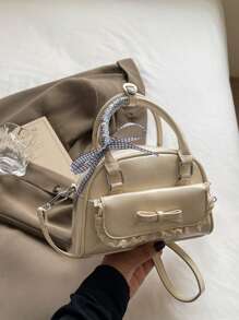 新款韩版小众芭蕾舞风格蕾丝保龄球包，时尚甜美百搭斜挎包 - 米色 - 查看 7