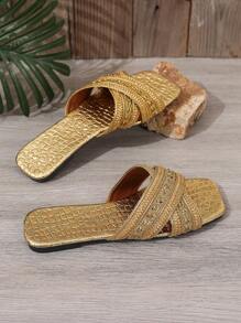 Women's Minimalist Boho Style Woven Gold Flat Sandals, Shiny Crocodile Pattern Fashion Cross Strap Comfortable Open Toe Sandals, New Summer Slip-On Sequin Decor Plus Size Flat Sandals Suitable For Vacation And Party, Elegant Breathable Cool Gold Slipper, Slim Casual Campus Shining Sandals Suitable For Outdoor, Beach, Entertainment And Office, Sexy Women Shoes