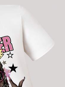 Tween Girls Cartoon Graphic Print Short Sleeve Top And Utility Denim Shorts Set - White - View 4