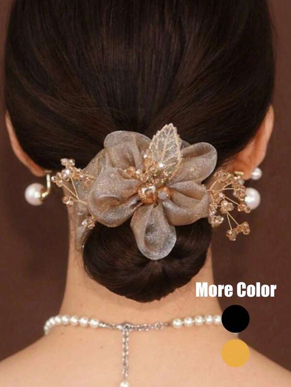 1pc New Floral & Leaf Design Hair Scrunchie With Rhinestones, Fashionable Hair Accessory With Elegant Feel, Suitable For Women's Casual Everyday Wear Scrunchies Hair Ties Scrunchy Hair Ties