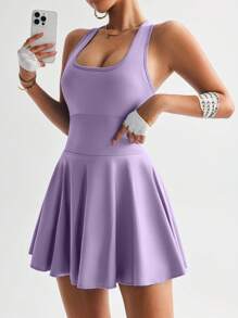 TCVC 女士无缝针织口袋运动连衣裙，工字背心连衣裙，无袖方领网球裙，室内外运动瑜伽，亲肤面料，紧身塑形 - 淡紫色 - 查看 5