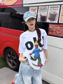 日式风格女士宽松圆领休闲短袖T恤，可爱卡通印花，春夏 - 白色 - 查看 3