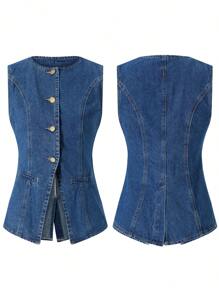 Women's Denim Long Vest Tops Button-Up Sleeveless Pocket Waistcoat Jean Vests - Màu xanh lam - Xem 6