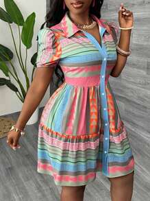 European And American Women's Summer Printed Holiday Puff Sleeve Open Front Layered Loose Dress