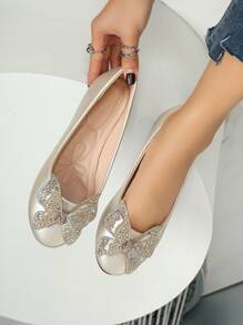 ZABAZ Bailarinas planas sin cordones para mujer, suela blanda, unicolor, elegantes, de moda, casuales, para fiesta/boda, uso exterior, sexy estilo Lolita, lindas, para discoteca, color champán, sin cordones, zapatos para todo el año, vacaciones, boda, fiesta, oficina, gimnasio, otoño/verano/primavera