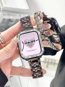 1件/套黑色苹果手表表带+苹果手表表壳，男女通用，闪亮水钻金属表带+闪亮水钻保护壳，苹果手表表带+苹果手表表壳，兼容 Ultra/10/9/8/7/6/5/4/3/SE，适用于49mm/46mm/45mm/44mm/42mm（Series 10）/42mm/41mm/40mm/38mm，双排闪亮水钻保护套，时尚表带，苹果手表表带+苹果手表表壳